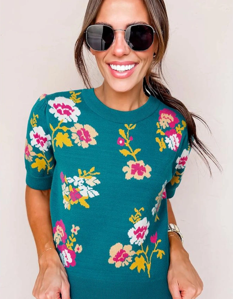 Blue Flower Pattern Mock Neck Short Sleeve Knitted T Shirt