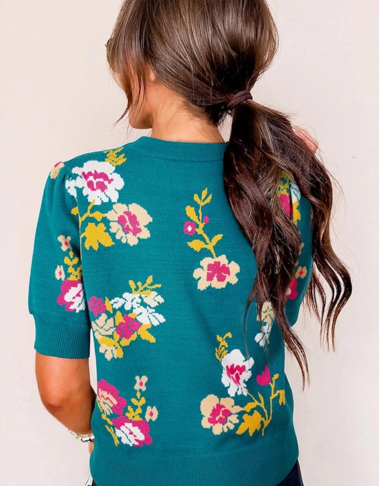 Blue Flower Pattern Mock Neck Short Sleeve Knitted T Shirt