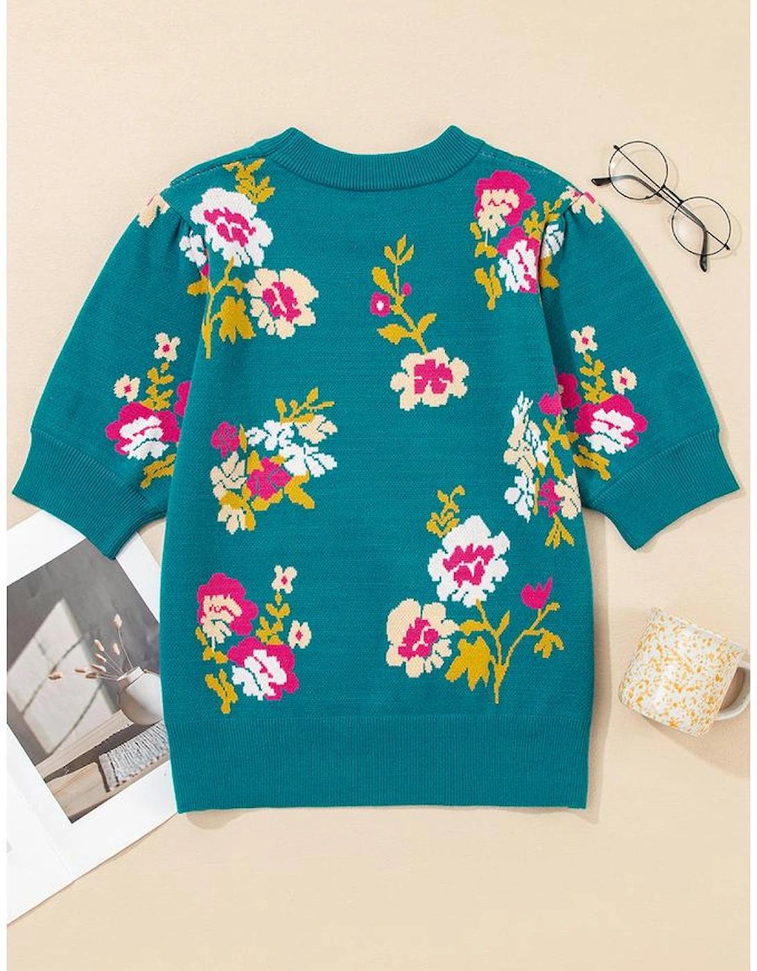 Blue Flower Pattern Mock Neck Short Sleeve Knitted T Shirt