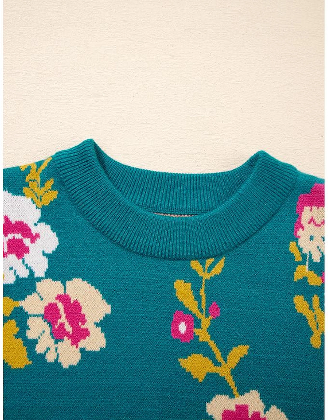 Blue Flower Pattern Mock Neck Short Sleeve Knitted T Shirt