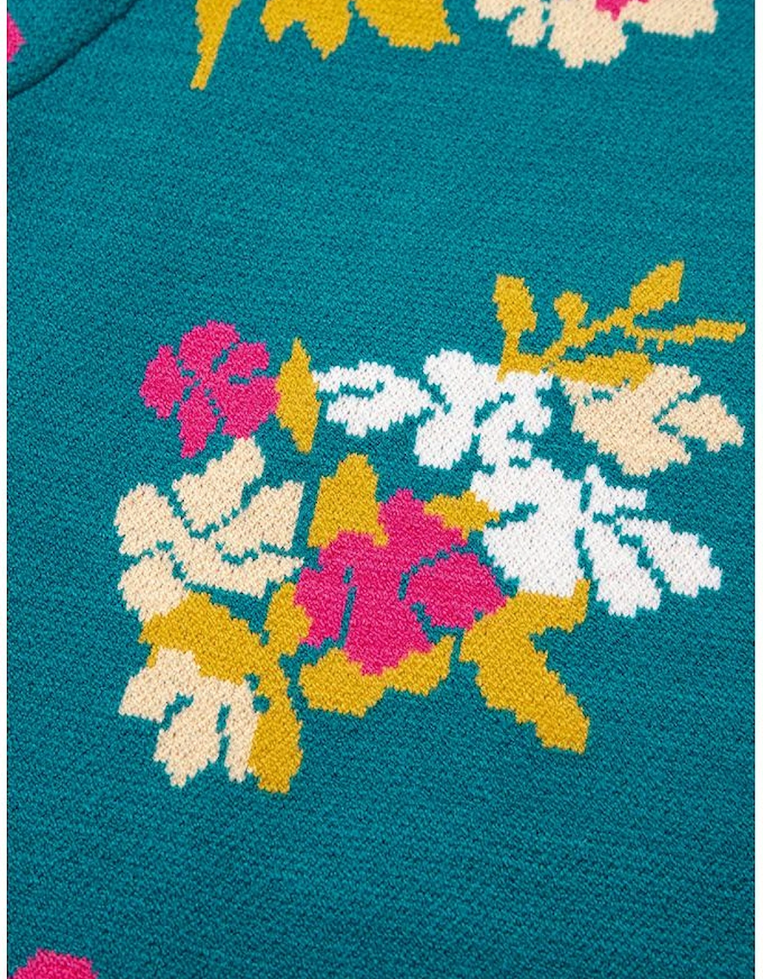 Blue Flower Pattern Mock Neck Short Sleeve Knitted T Shirt