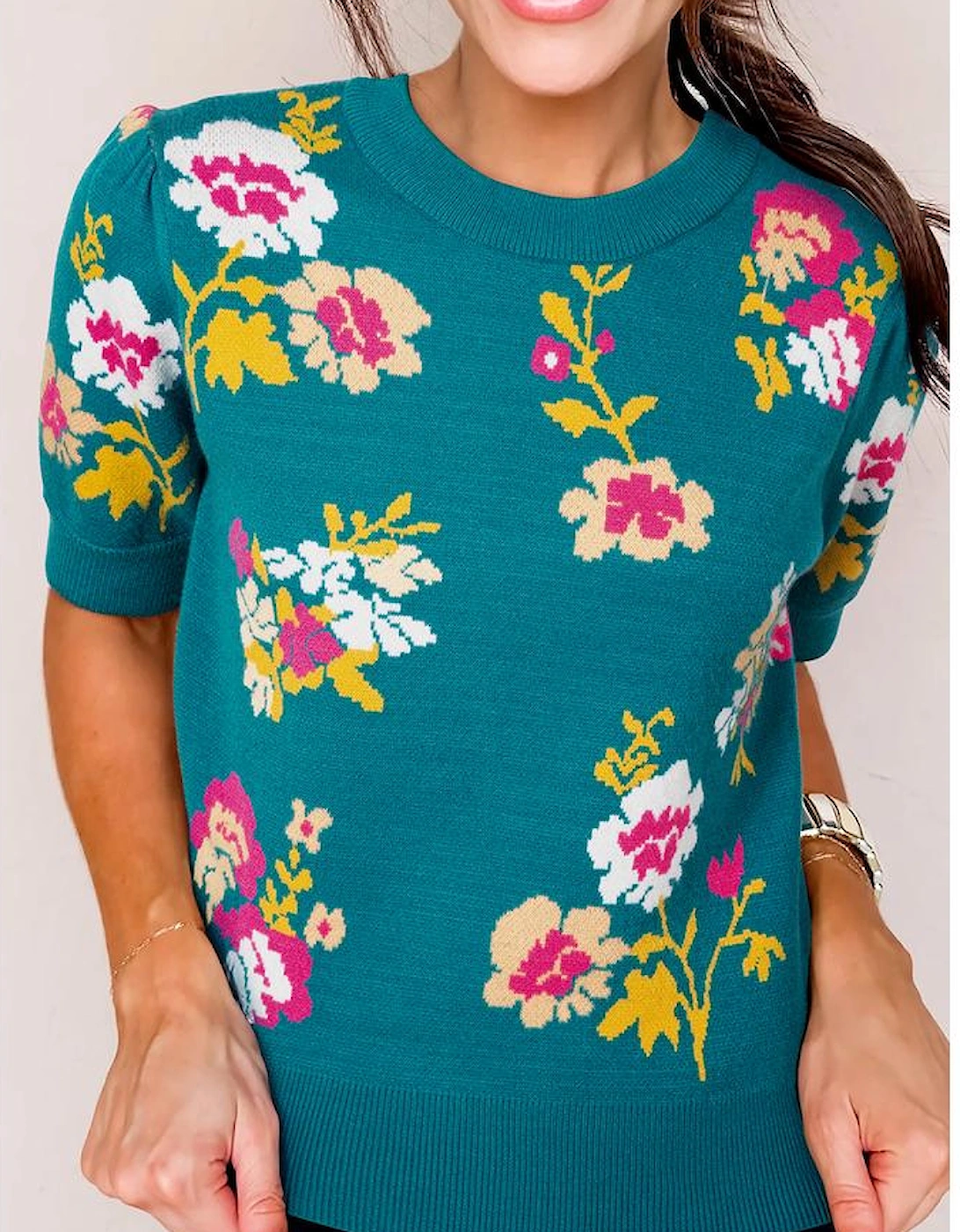 Blue Flower Pattern Mock Neck Short Sleeve Knitted T Shirt