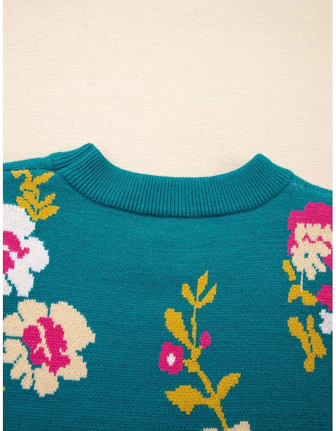 Blue Flower Pattern Mock Neck Short Sleeve Knitted T Shirt