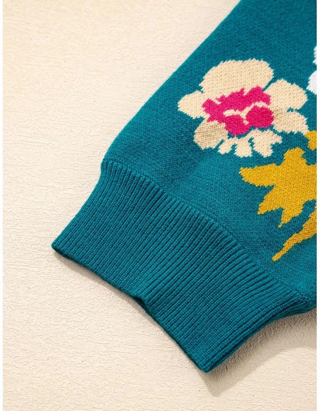 Blue Flower Pattern Mock Neck Short Sleeve Knitted T Shirt