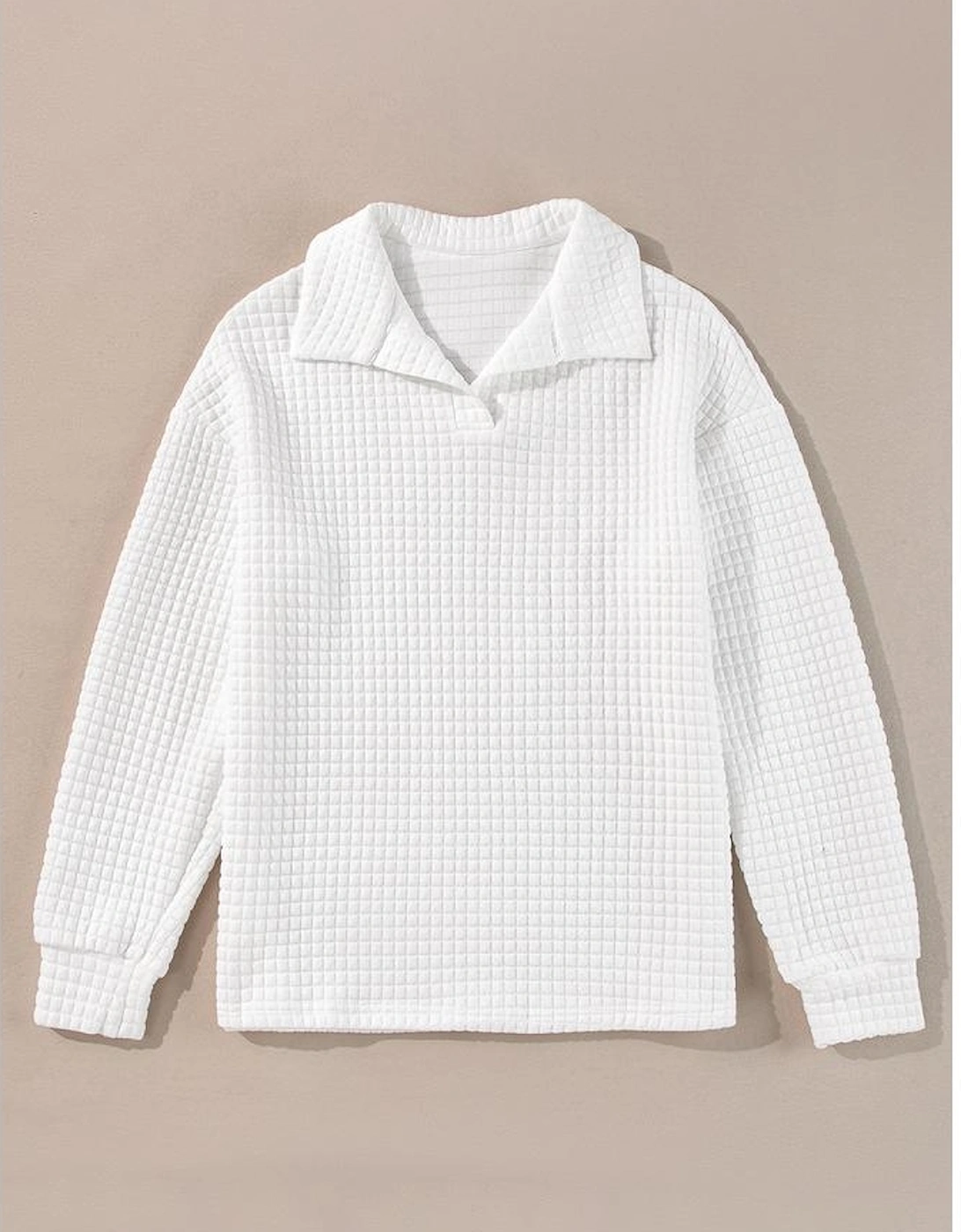 White Quilted Texture Sporty Collared Long Sleeve Top