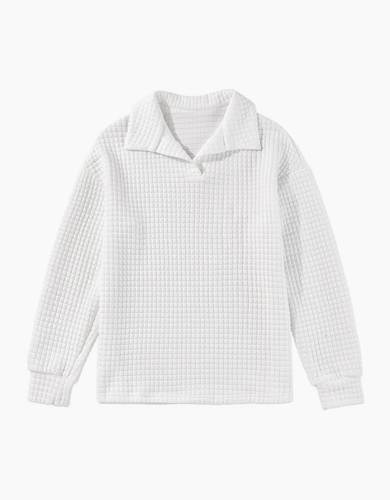 White Quilted Texture Sporty Collared Long Sleeve Top