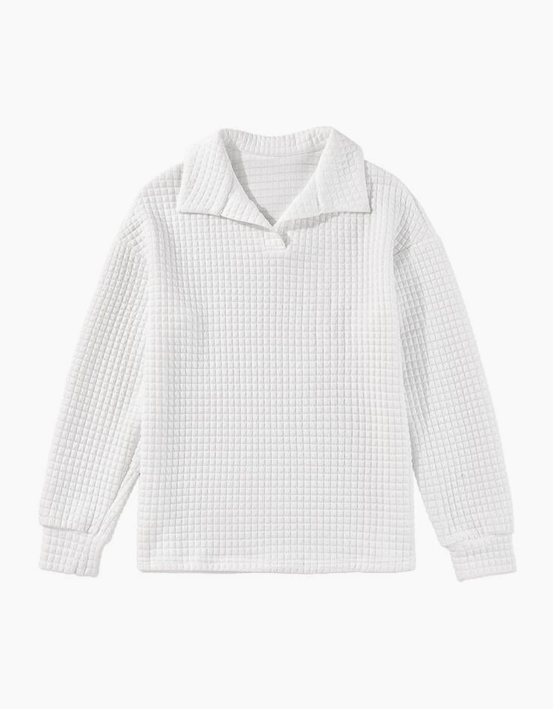 White Quilted Texture Sporty Collared Long Sleeve Top, 12 of 11