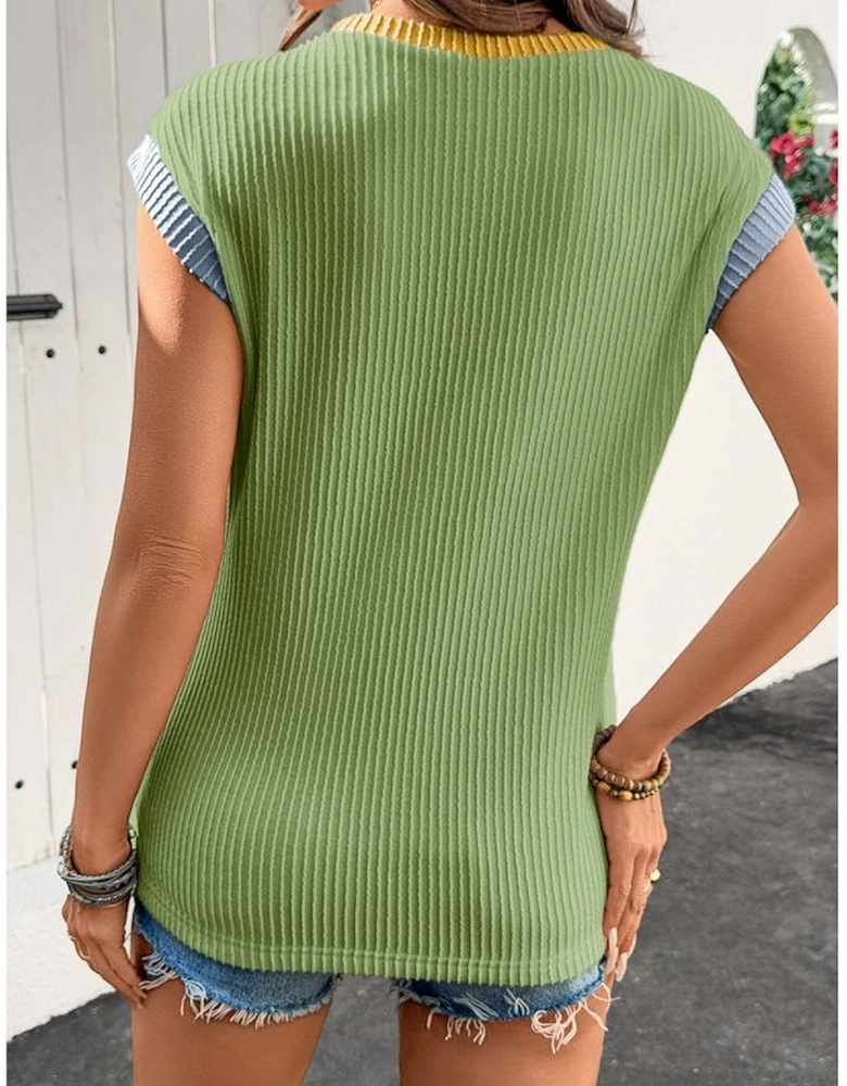 Grass Green Color Block Corded Knit Crew Neck Tee