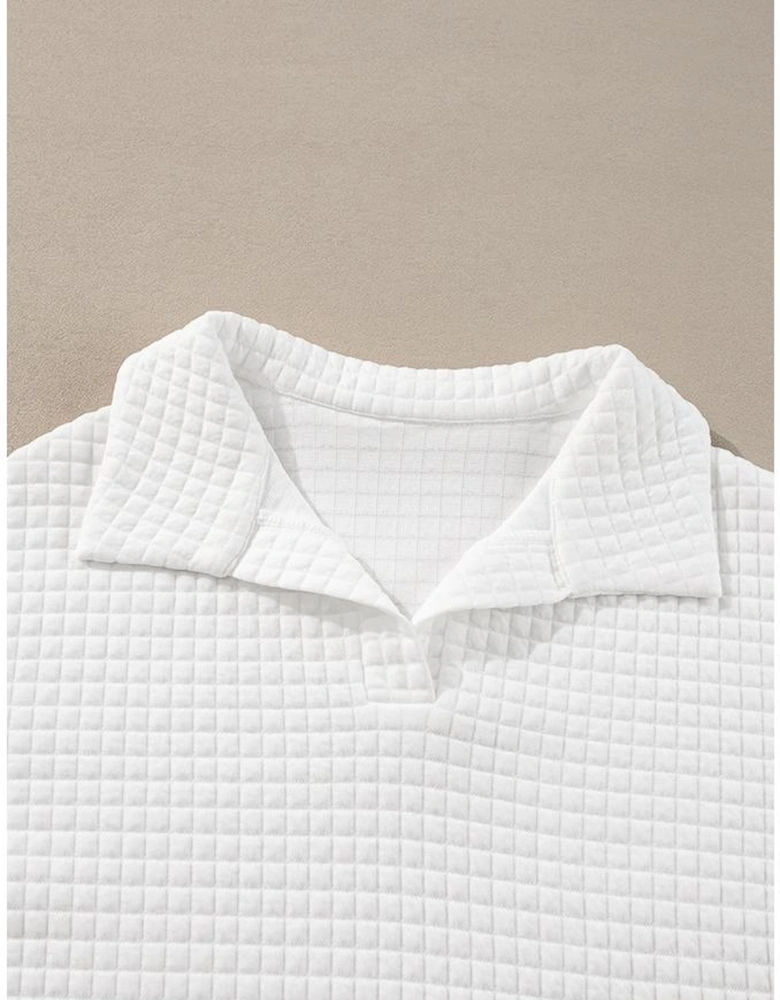 White Quilted Texture Sporty Collared Long Sleeve Top
