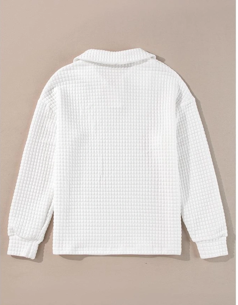 White Quilted Texture Sporty Collared Long Sleeve Top