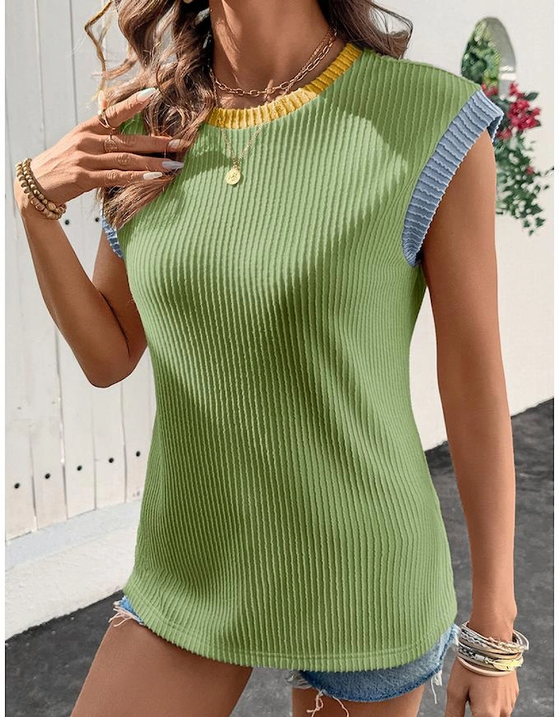Grass Green Color Block Corded Knit Crew Neck Tee