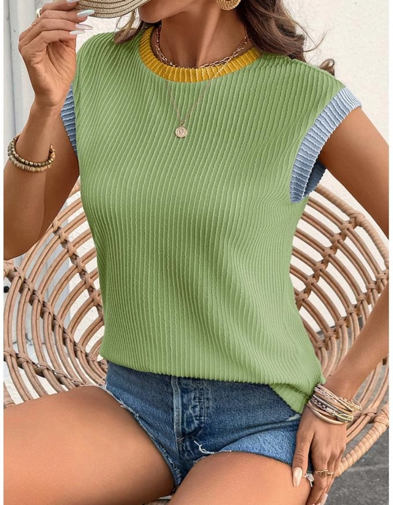 Grass Green Color Block Corded Knit Crew Neck Tee