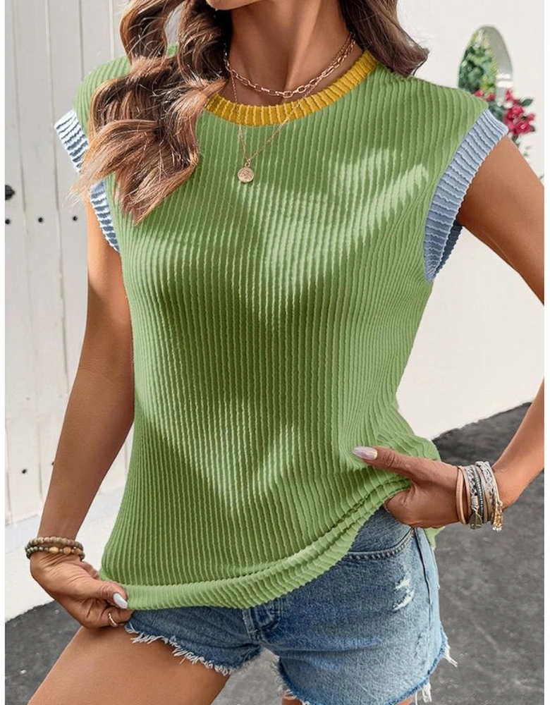 Grass Green Color Block Corded Knit Crew Neck Tee