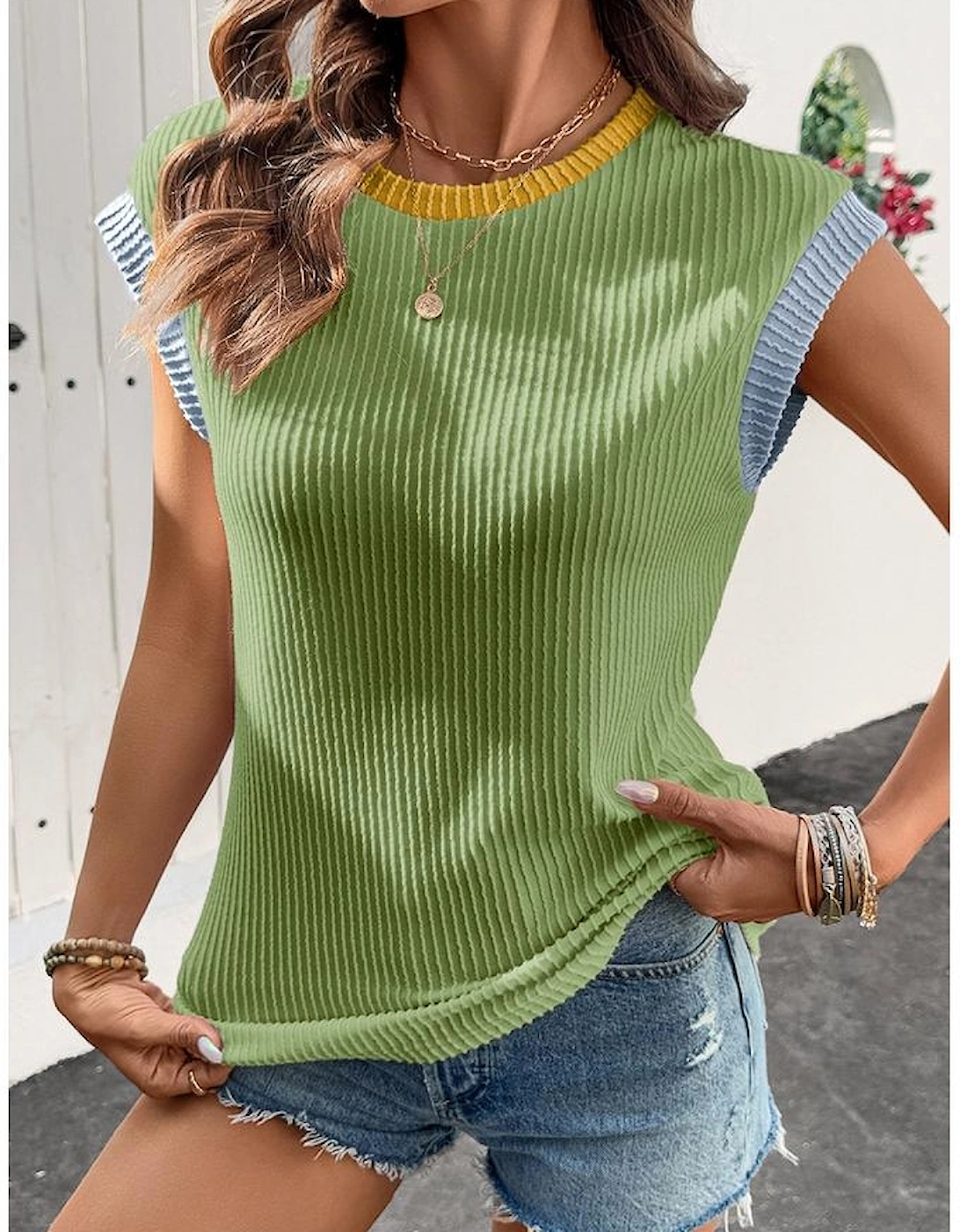 Grass Green Color Block Corded Knit Crew Neck Tee