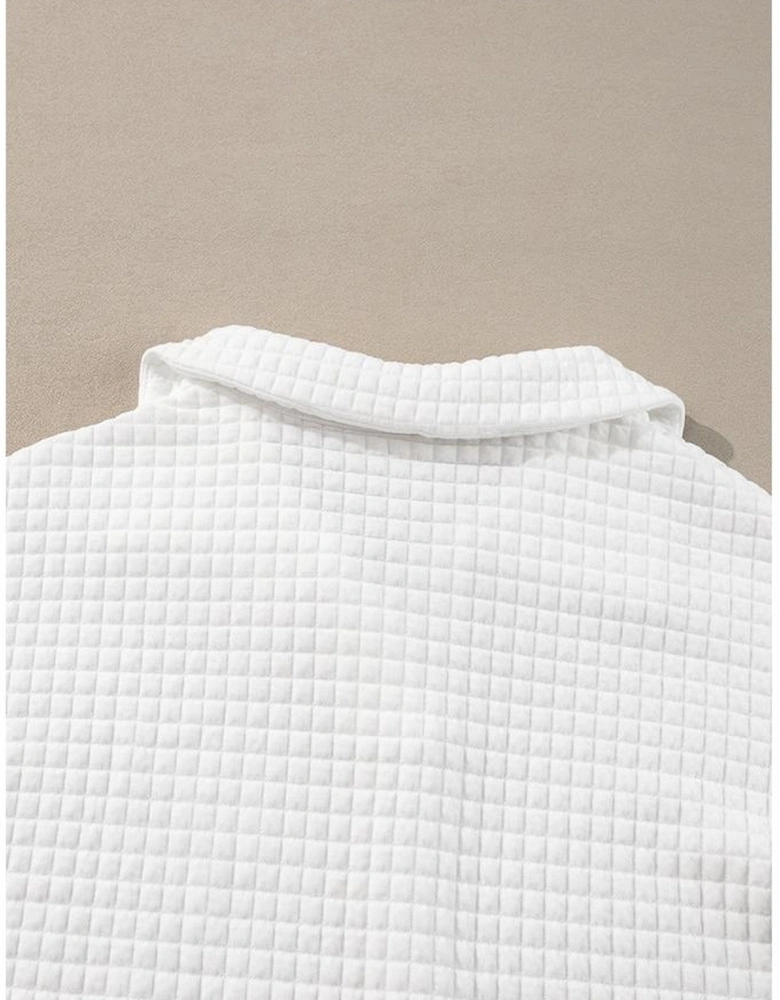 White Quilted Texture Sporty Collared Long Sleeve Top