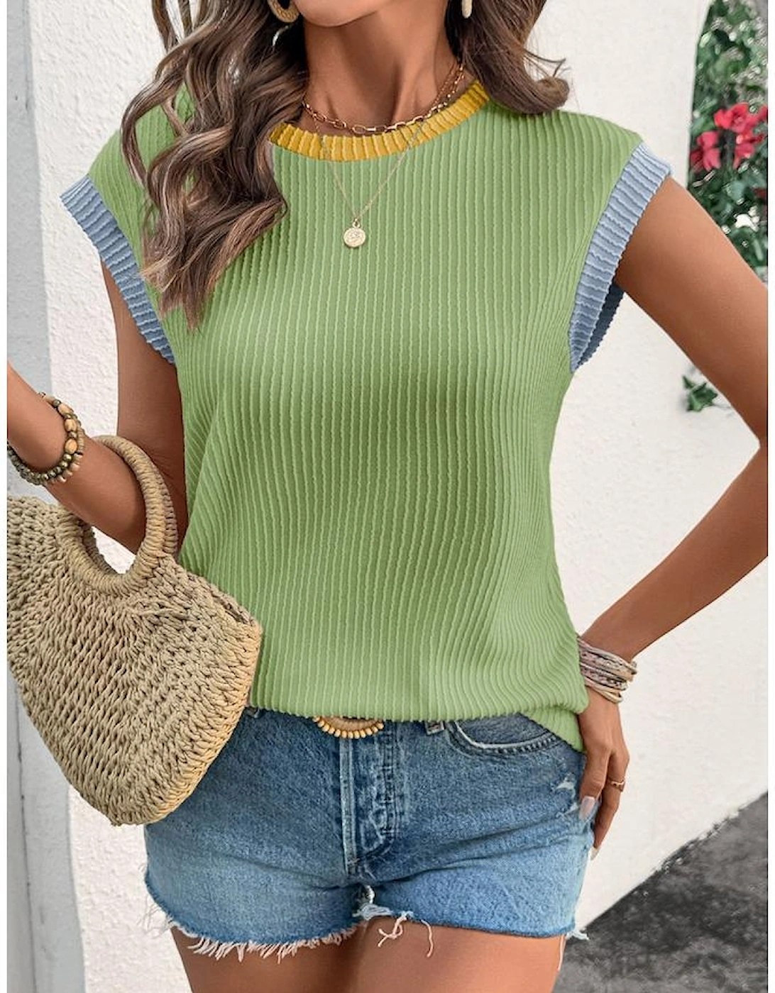 Grass Green Color Block Corded Knit Crew Neck Tee