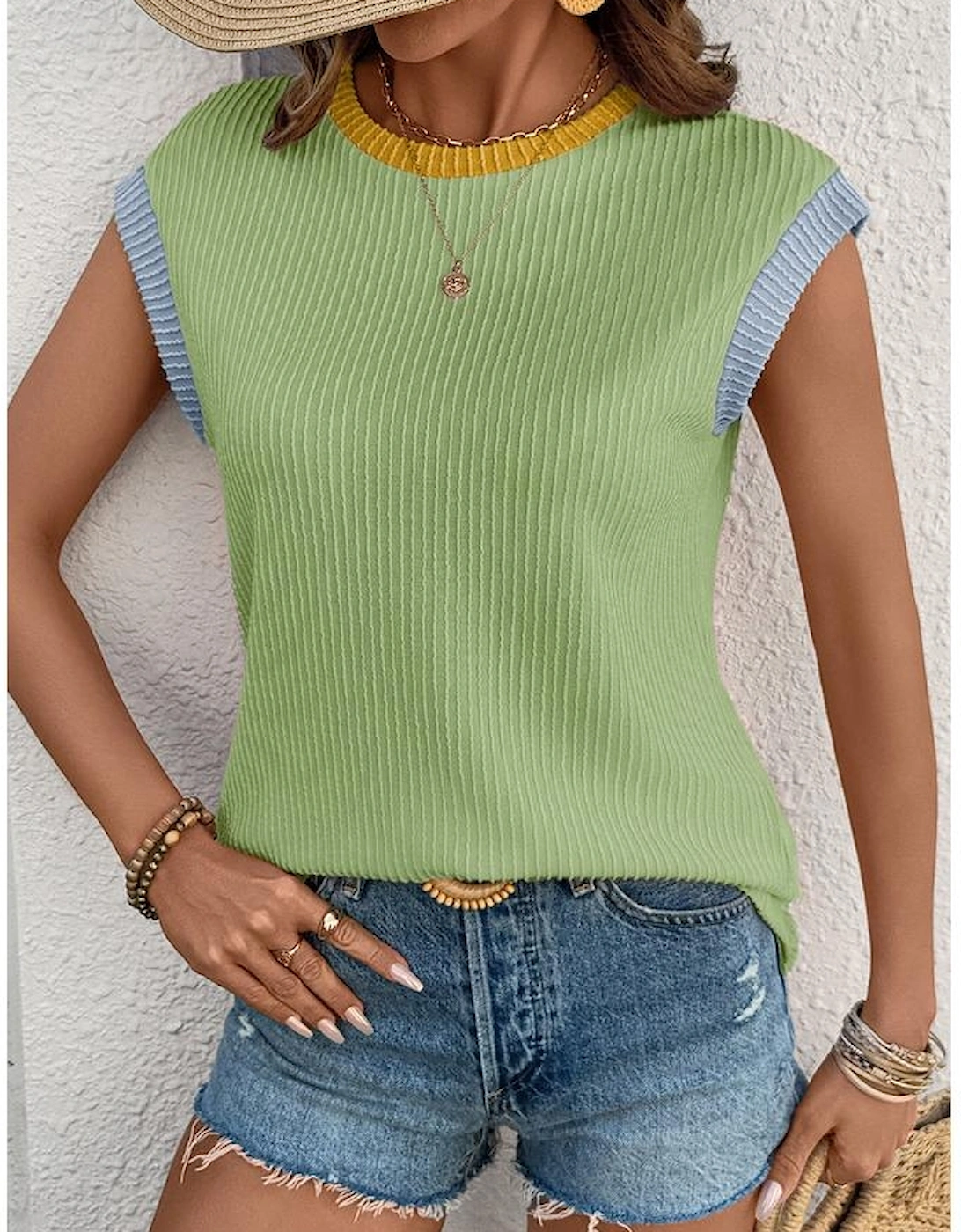 Grass Green Color Block Corded Knit Crew Neck Tee