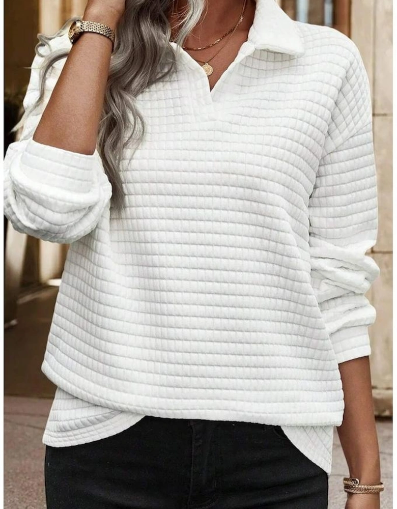 White Quilted Texture Sporty Collared Long Sleeve Top
