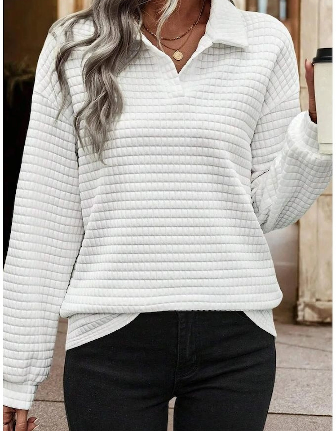 White Quilted Texture Sporty Collared Long Sleeve Top