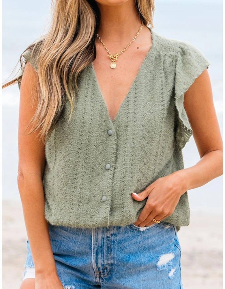 Laurel Green Flutter Sleeve Lace V Neck Shirt