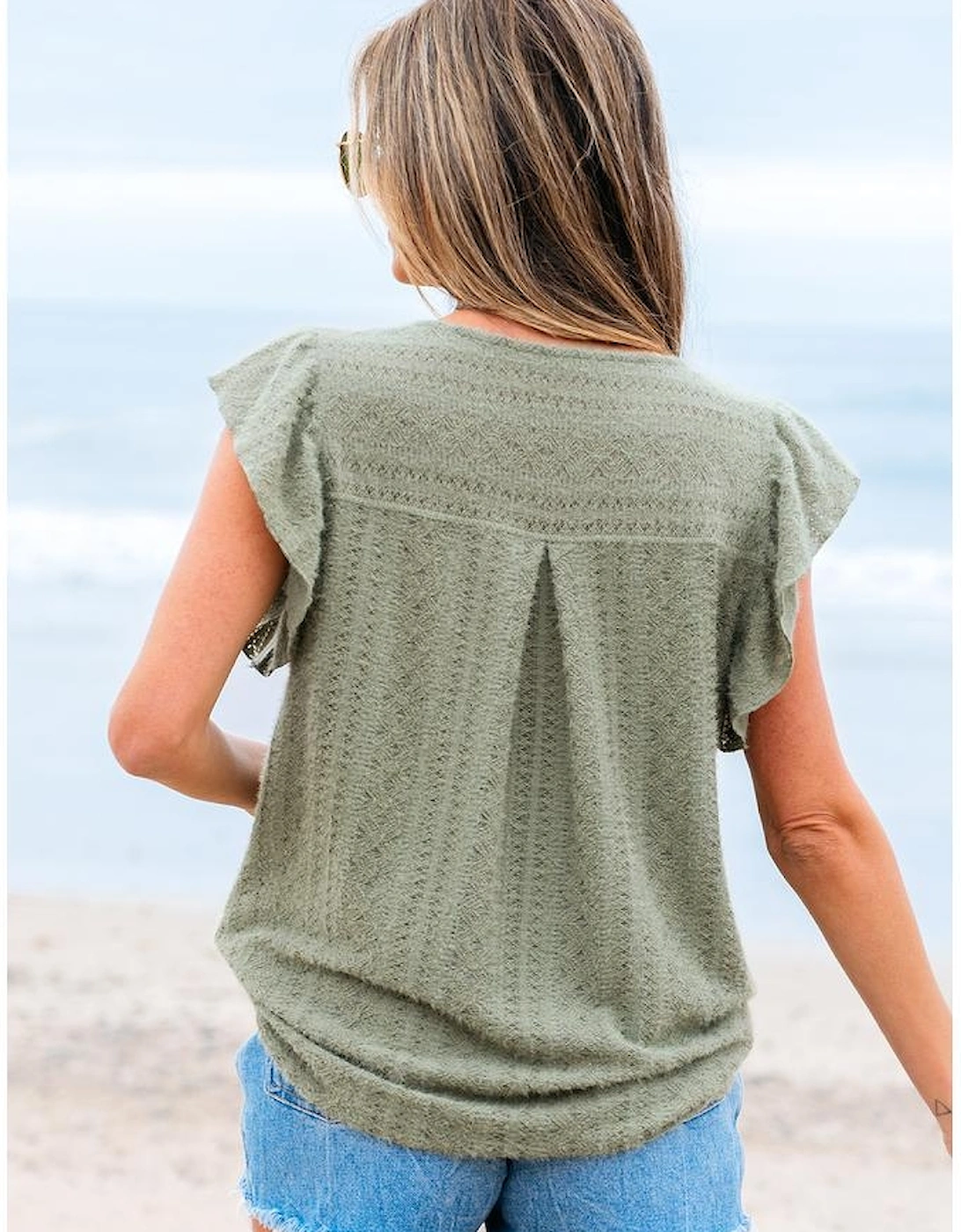 Laurel Green Flutter Sleeve Lace V Neck Shirt, 16 of 15