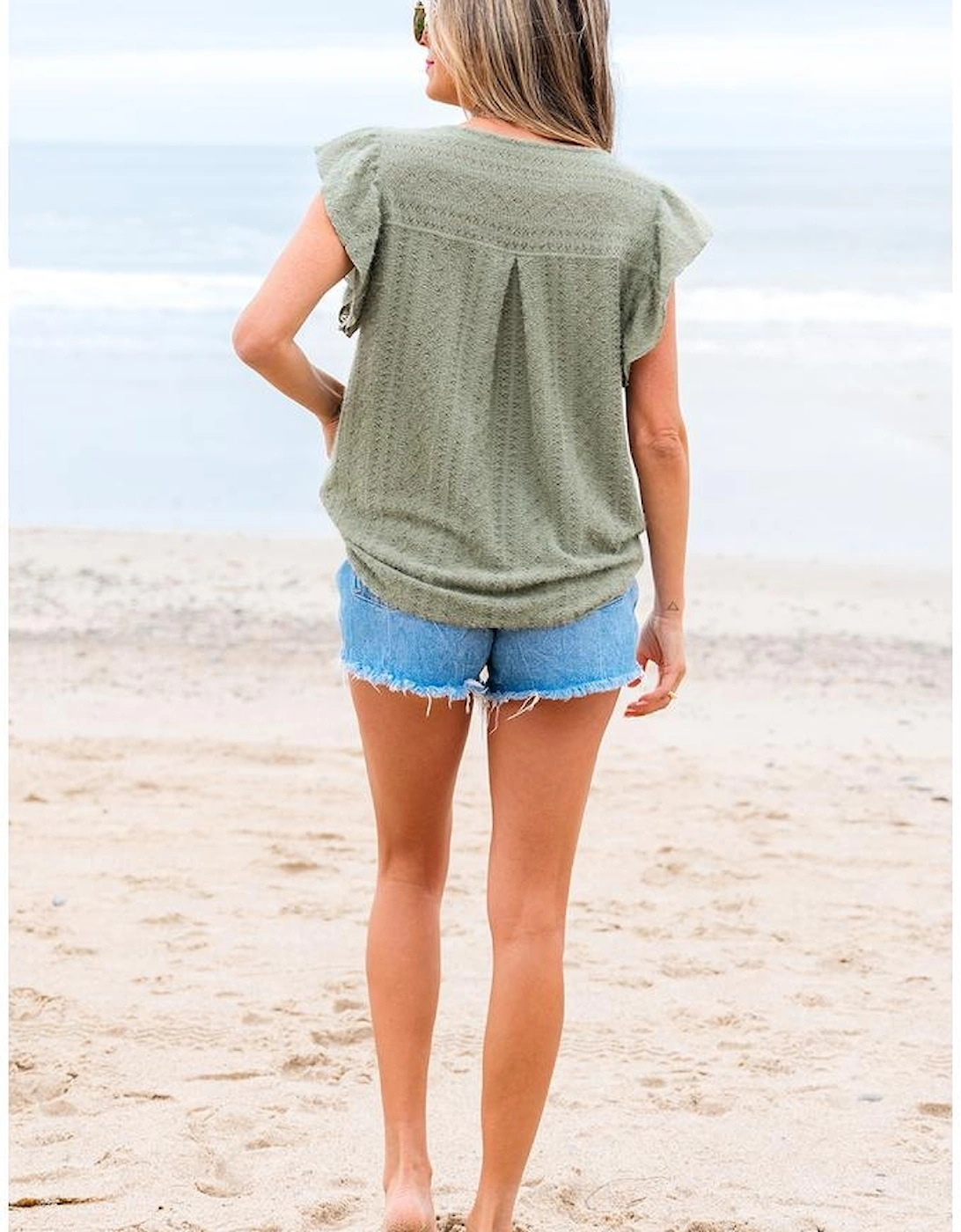 Laurel Green Flutter Sleeve Lace V Neck Shirt