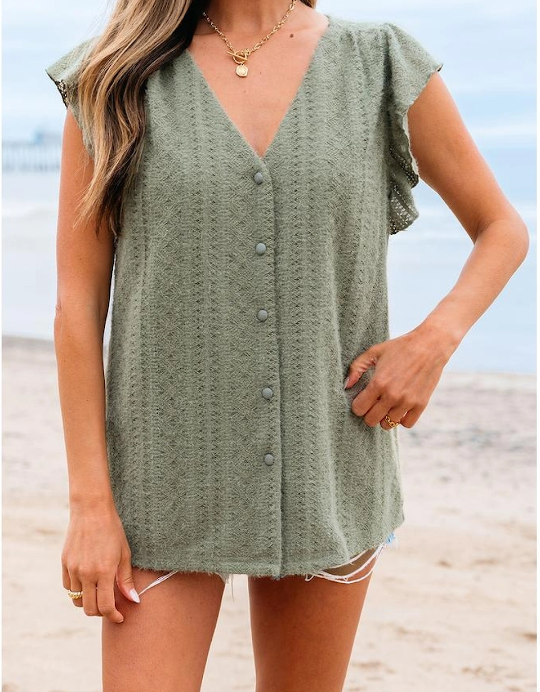 Laurel Green Flutter Sleeve Lace V Neck Shirt