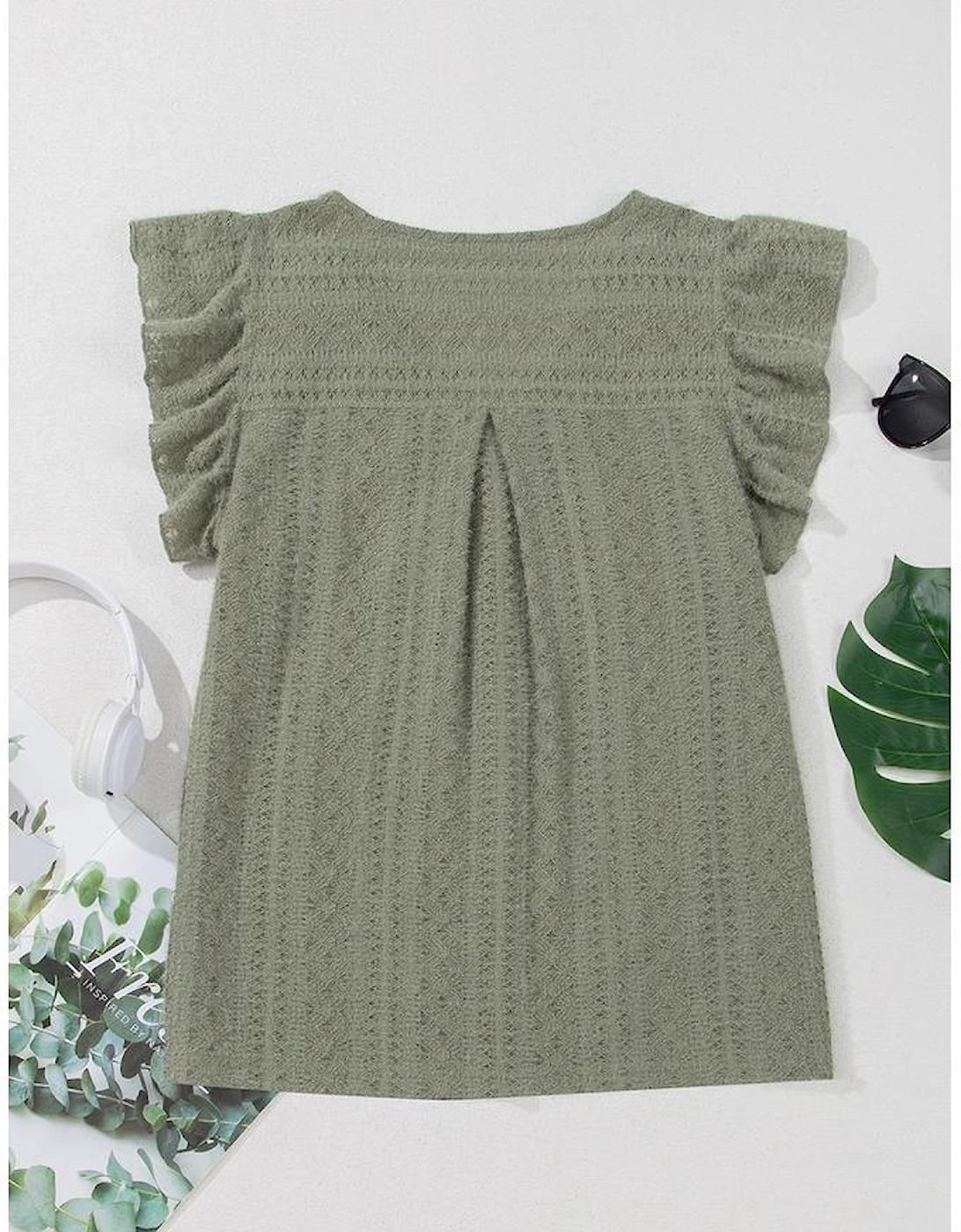 Laurel Green Flutter Sleeve Lace V Neck Shirt