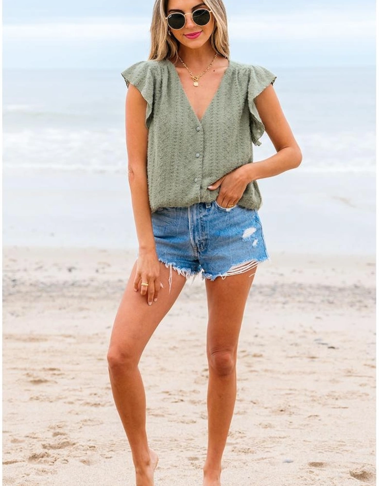 Laurel Green Flutter Sleeve Lace V Neck Shirt