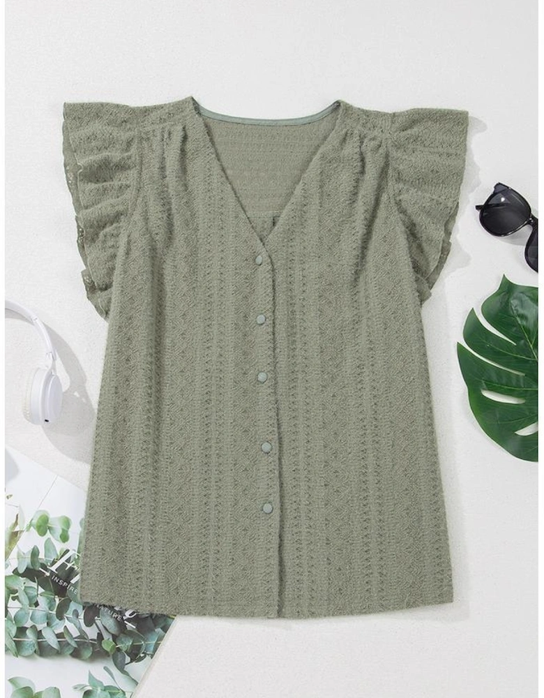 Laurel Green Flutter Sleeve Lace V Neck Shirt