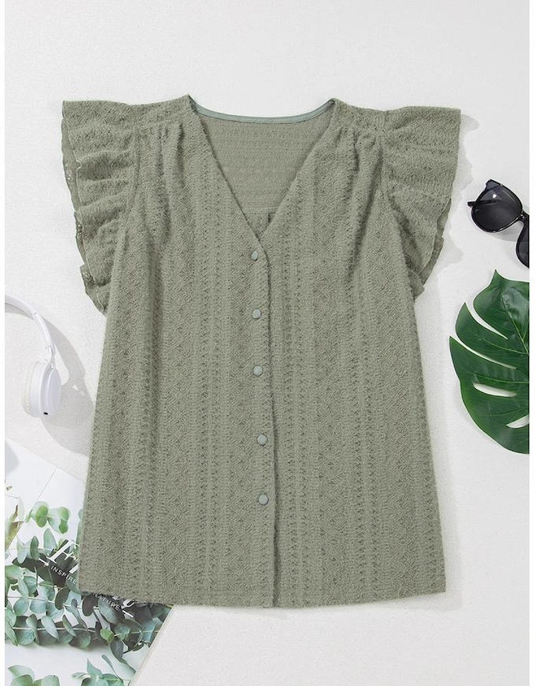 Laurel Green Flutter Sleeve Lace V Neck Shirt
