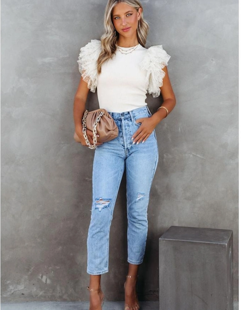 Beige Dotty Mesh Ruffle Sleeve Ribbed Knit Top