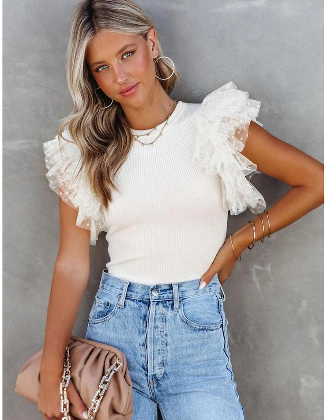 Beige Dotty Mesh Ruffle Sleeve Ribbed Knit Top