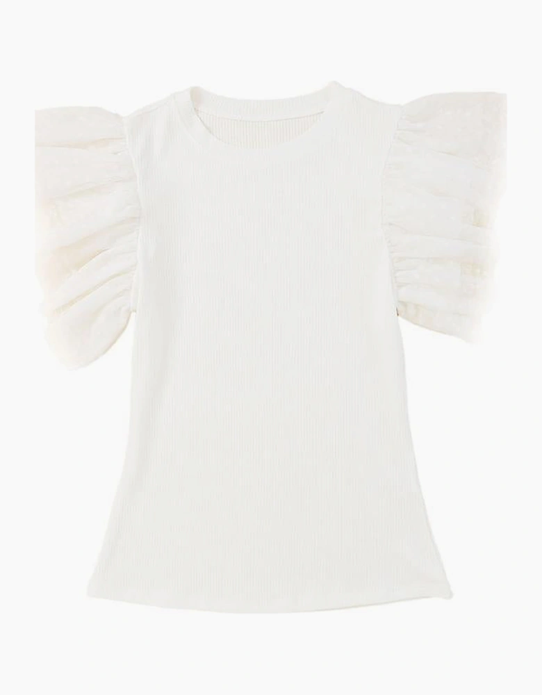 Beige Dotty Mesh Ruffle Sleeve Ribbed Knit Top