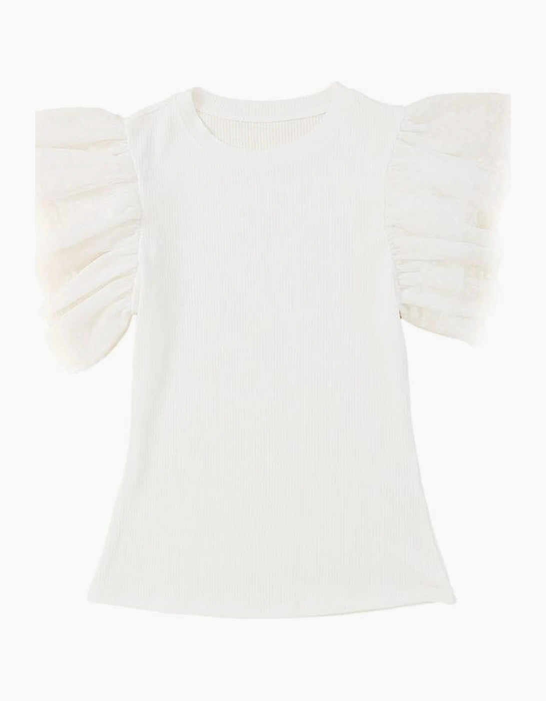 Beige Dotty Mesh Ruffle Sleeve Ribbed Knit Top