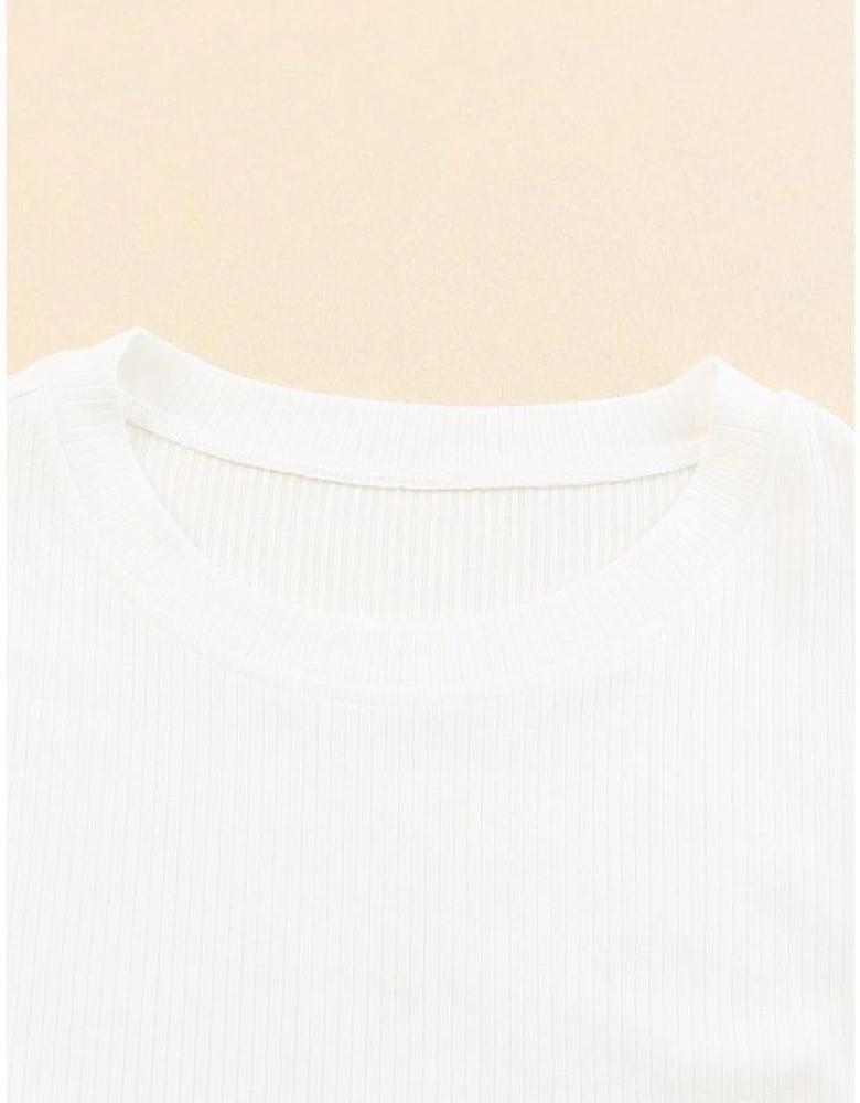 Beige Dotty Mesh Ruffle Sleeve Ribbed Knit Top