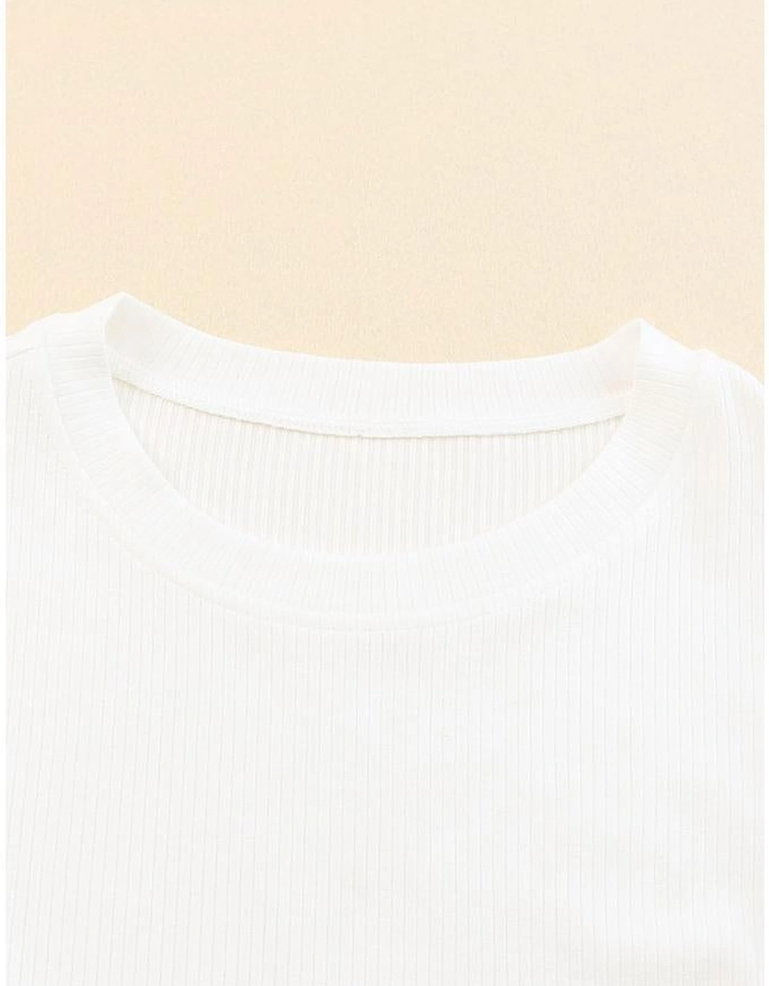 Beige Dotty Mesh Ruffle Sleeve Ribbed Knit Top