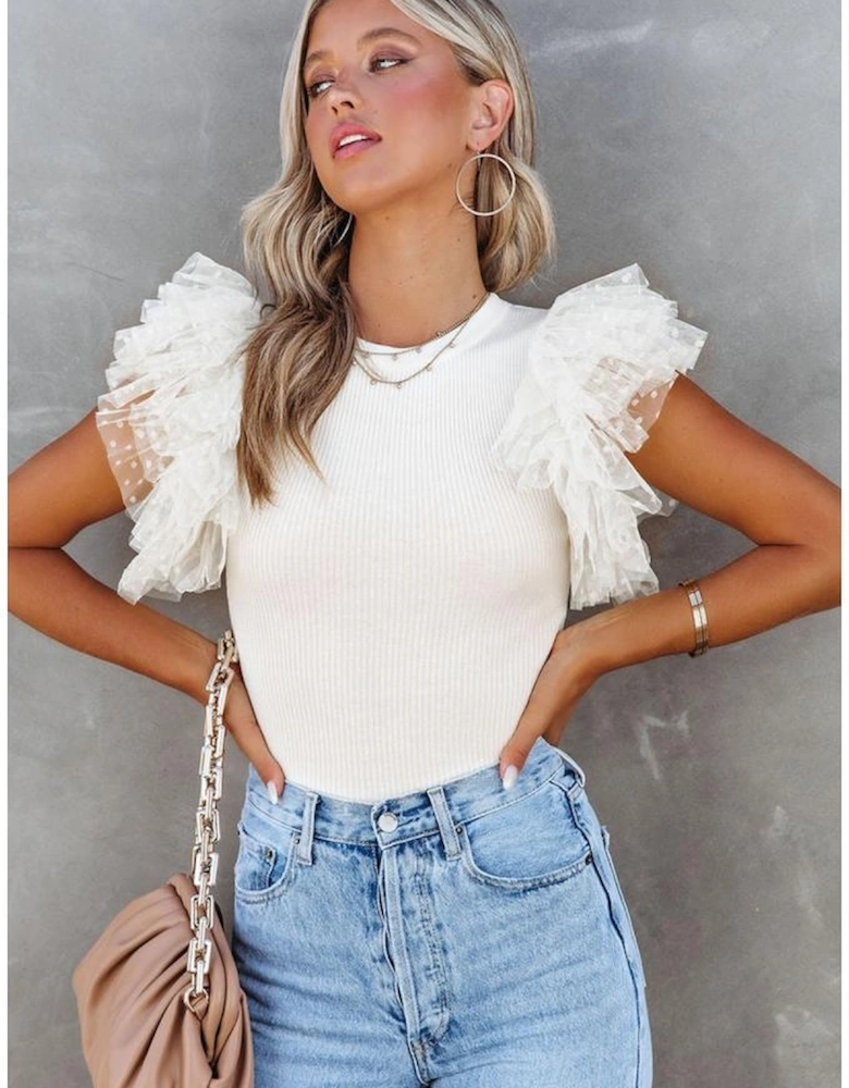 Beige Dotty Mesh Ruffle Sleeve Ribbed Knit Top