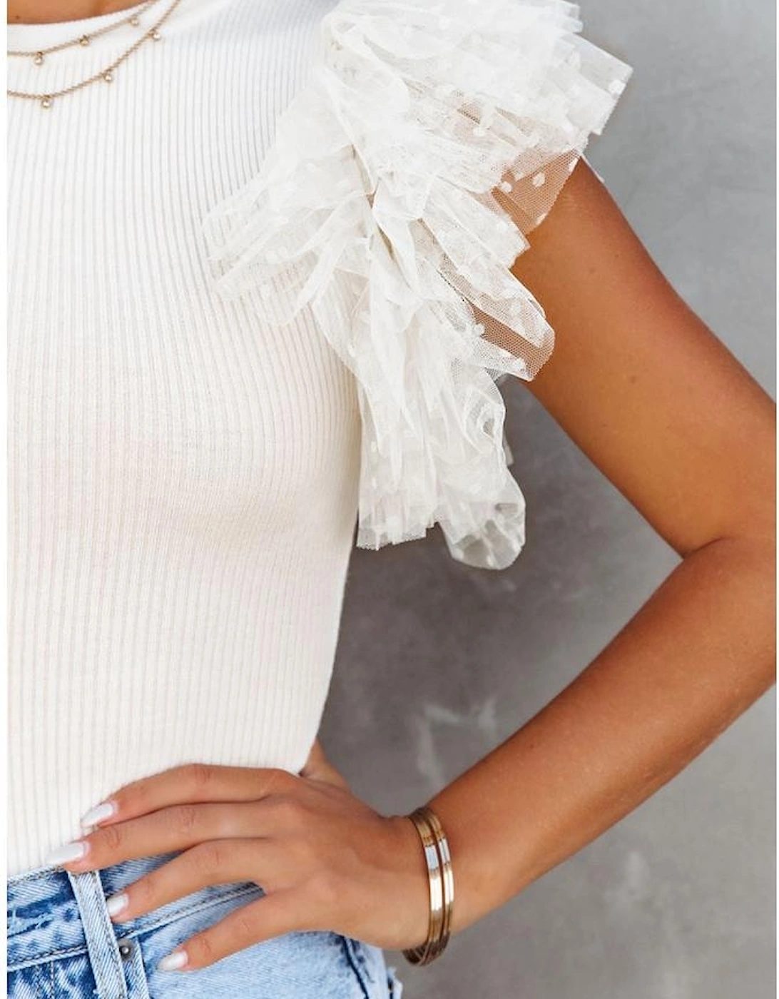 Beige Dotty Mesh Ruffle Sleeve Ribbed Knit Top