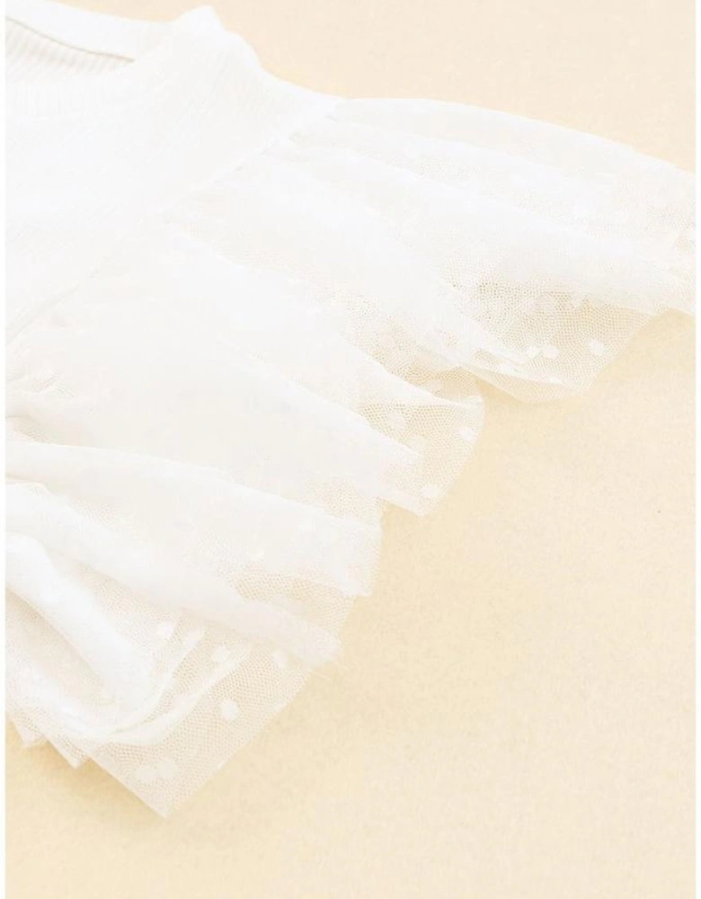 Beige Dotty Mesh Ruffle Sleeve Ribbed Knit Top