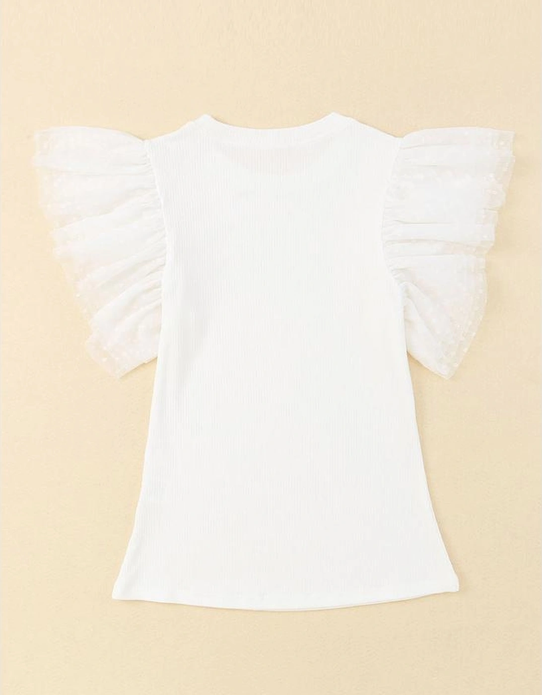 Beige Dotty Mesh Ruffle Sleeve Ribbed Knit Top