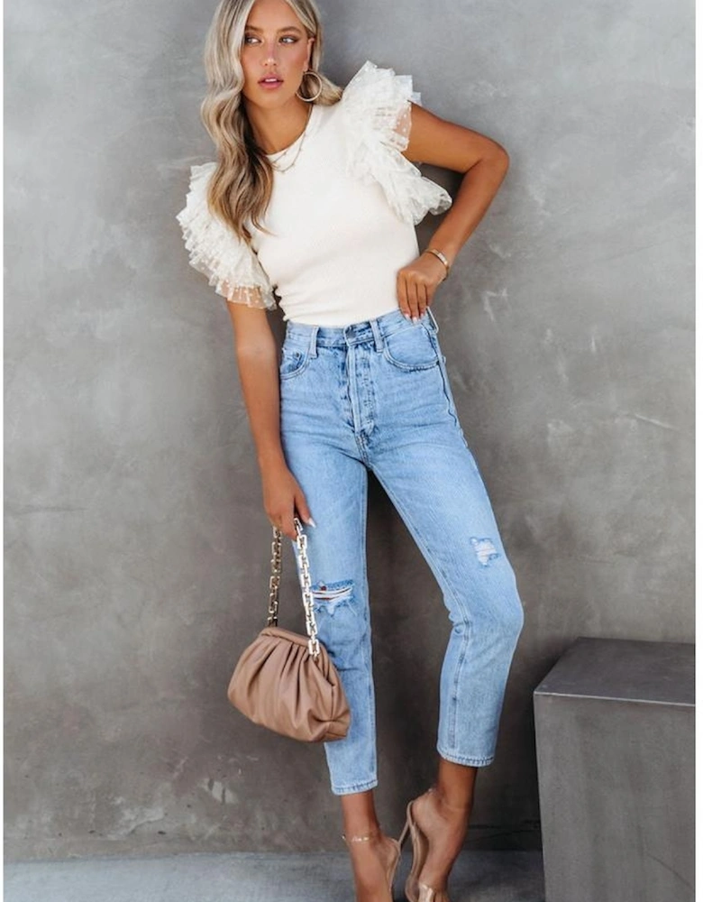 Beige Dotty Mesh Ruffle Sleeve Ribbed Knit Top