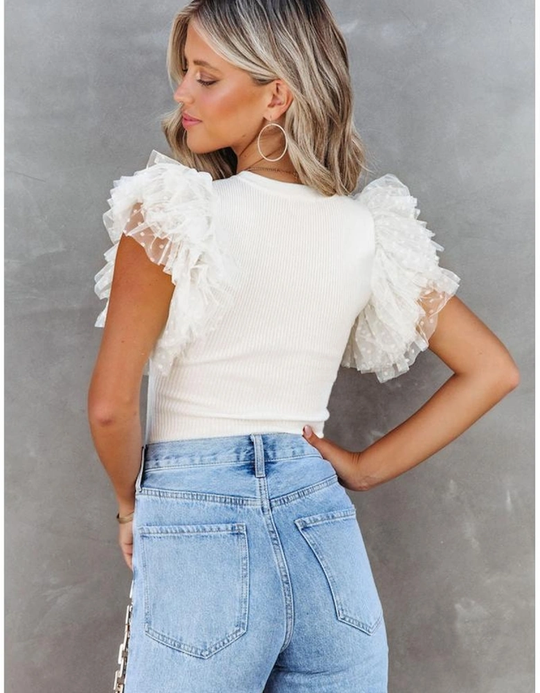Beige Dotty Mesh Ruffle Sleeve Ribbed Knit Top