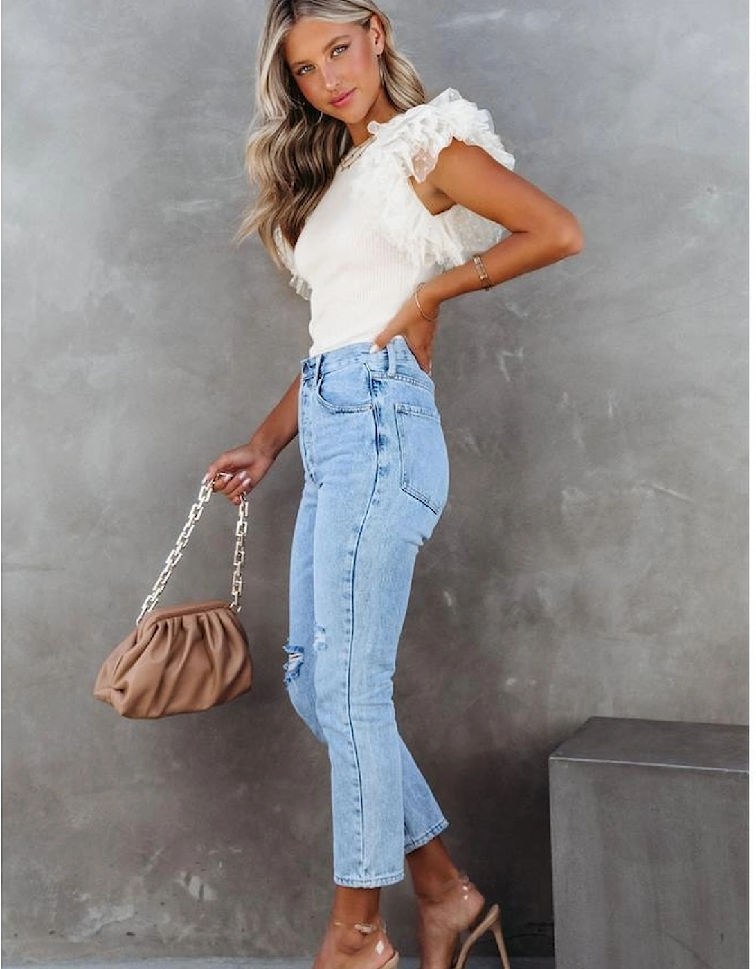 Beige Dotty Mesh Ruffle Sleeve Ribbed Knit Top