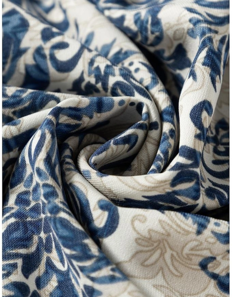 Sky Blue Vintage Printed Lace Trim V Neck 3/4 Sleeve Loose Dress