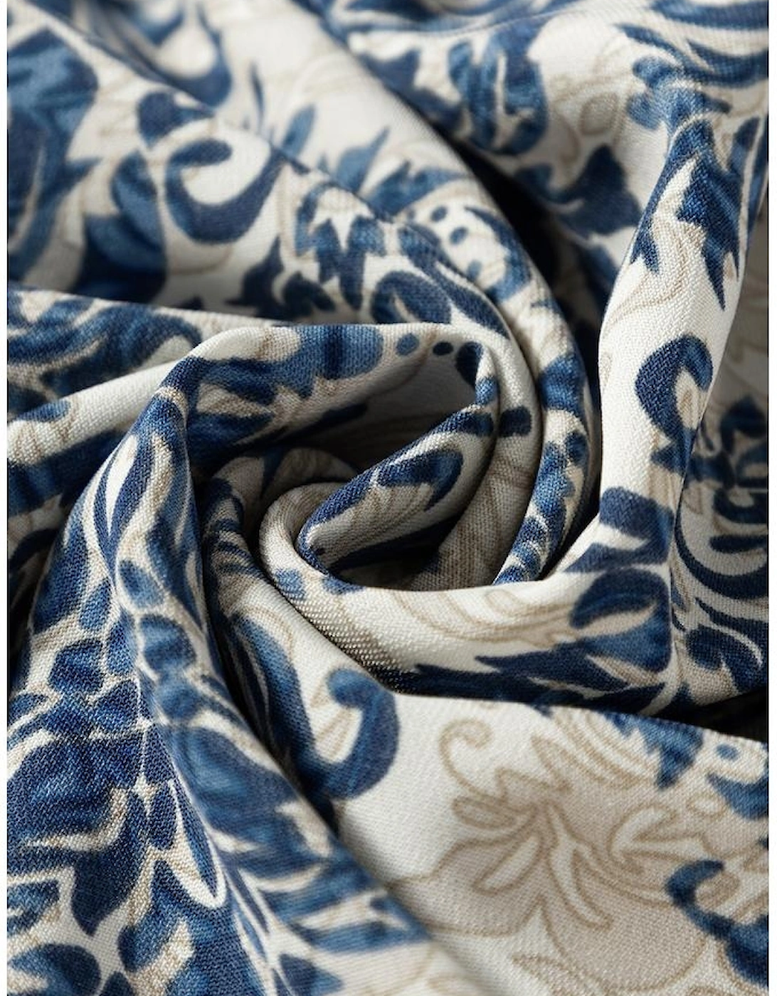 Sky Blue Vintage Printed Lace Trim V Neck 3/4 Sleeve Loose Dress