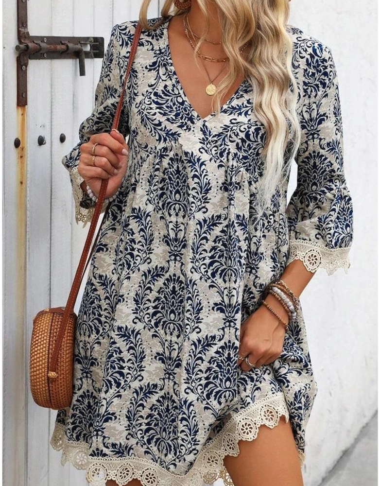 Sky Blue Vintage Printed Lace Trim V Neck 3/4 Sleeve Loose Dress