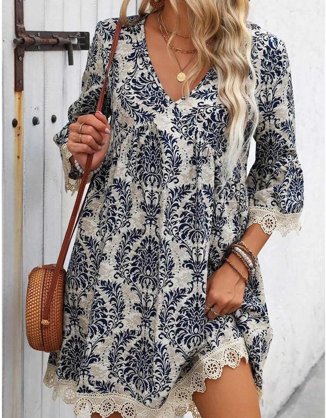 Sky Blue Vintage Printed Lace Trim V Neck 3/4 Sleeve Loose Dress