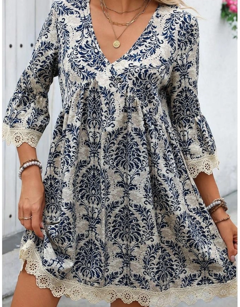 Sky Blue Vintage Printed Lace Trim V Neck 3/4 Sleeve Loose Dress