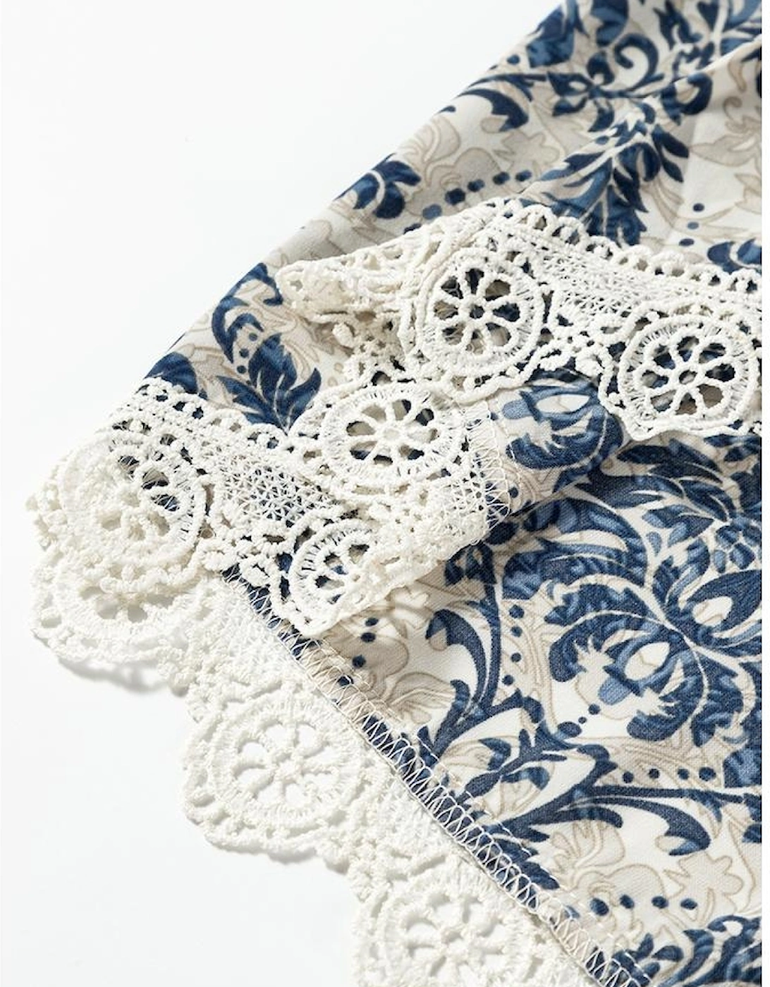 Sky Blue Vintage Printed Lace Trim V Neck 3/4 Sleeve Loose Dress, 14 of 13